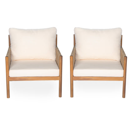 Outdoor Lounge Chair Solid Wood Teak Woven Polyester Cushion Set of 2