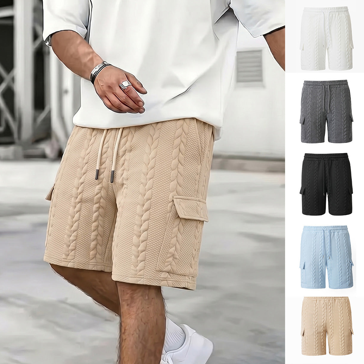 Mens Drawstring Jacquard Casual Shorts