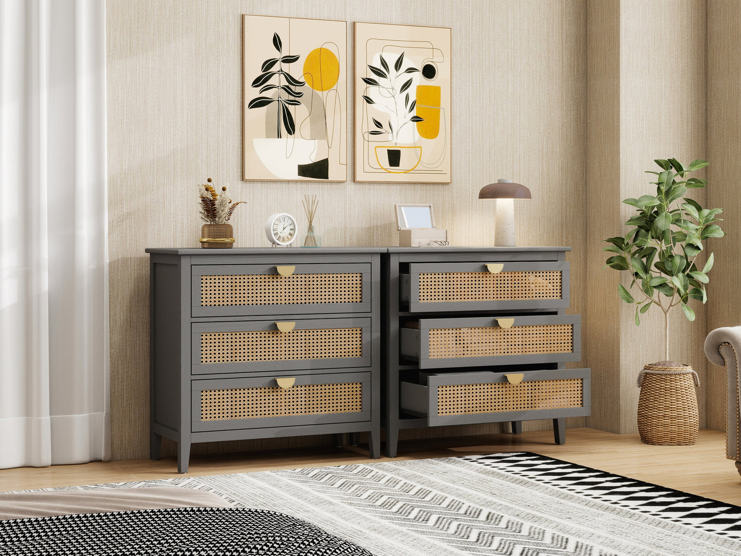3-Drawer Cabinet - Natural Rattan - Suitable for Bedroom, Living Room, or Study