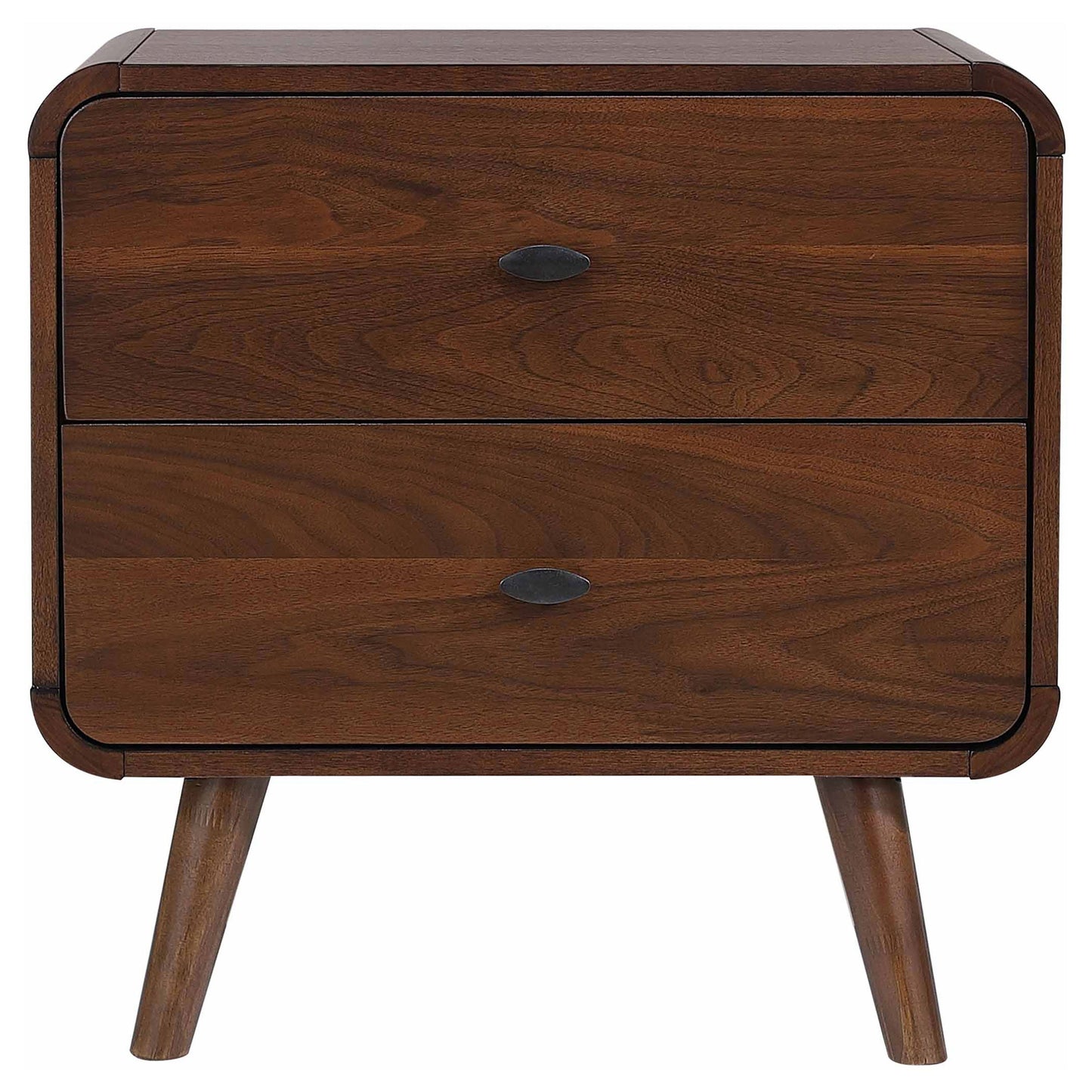 Nightstand Mid-Century Modern Dark Walnut 2-Drawer Gunmetal Hardware 27 In