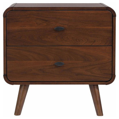 Nightstand Mid-Century Modern Dark Walnut 2-Drawer Gunmetal Hardware 27 In