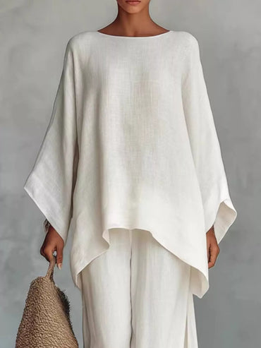 Full Size Round Neck Top and Wide Leg Pants Set Plus Size