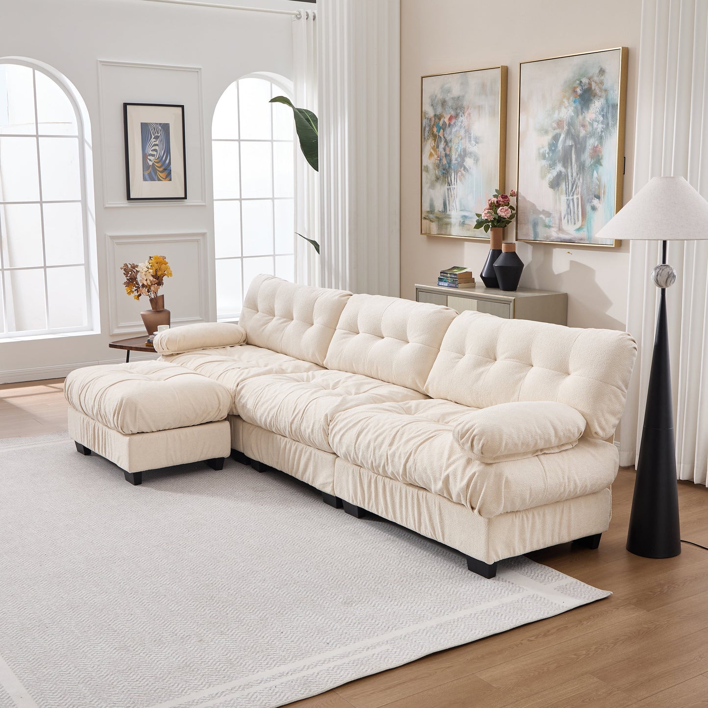 Sectional Sofa L-Shape Flannelette Beige 4 Seat Ottoman 123 In Deep Seat