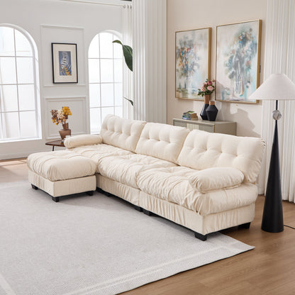 Sectional Sofa L-Shape Flannelette Beige 4 Seat Ottoman 123 In Deep Seat