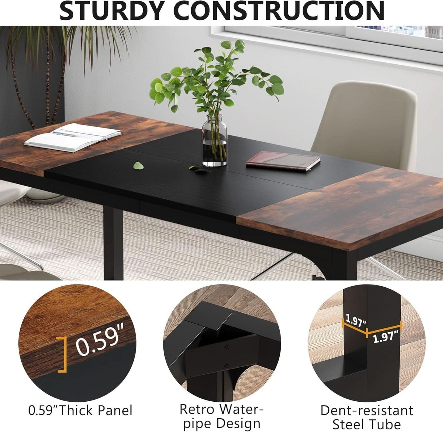 63 Inch Executive Desk Two Tone Brown Black Heavy Duty Frame