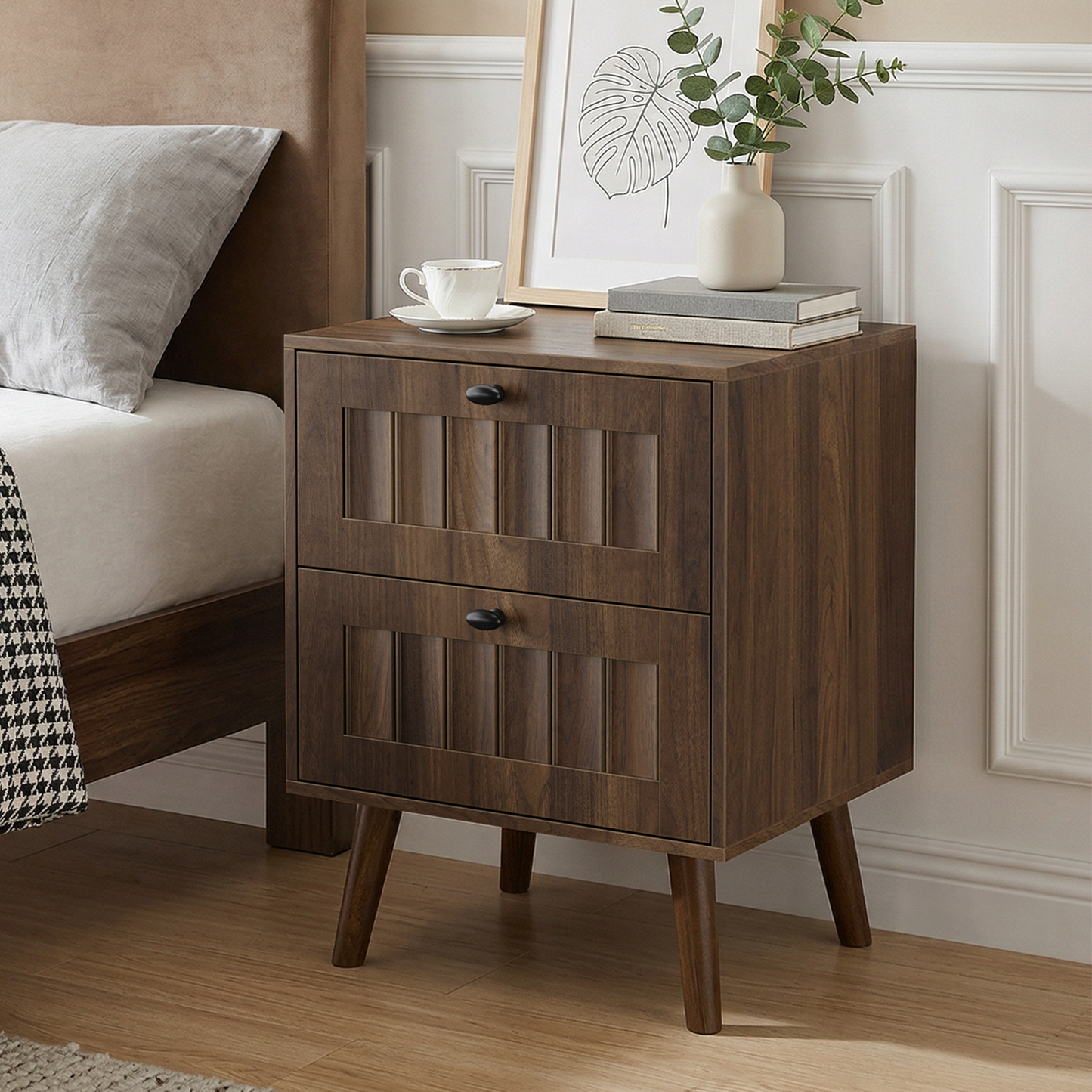 Double Drawer Bedside Table, Solid Wood Legs, Walnut, 15.75x15.75 in, 2-Pack