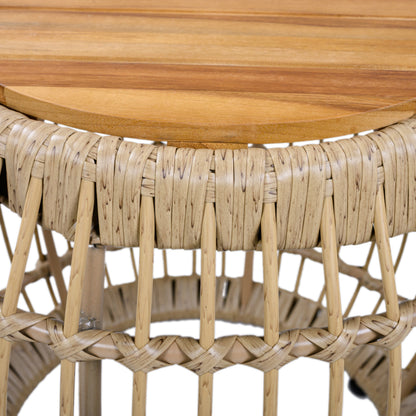 Outdoor Side Table Acacia Wood Wicker Base Round Light Brown 16in 150 LB