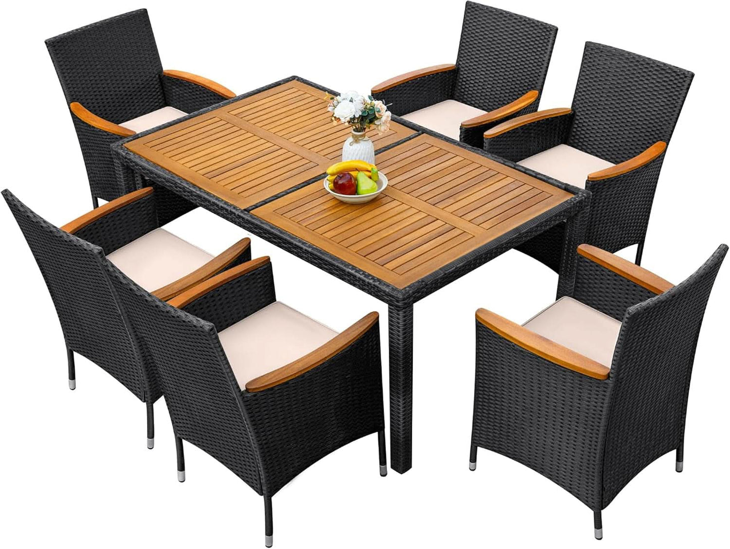 7 Piece Outdoor Patio Dining Set Black Rattan Chairs