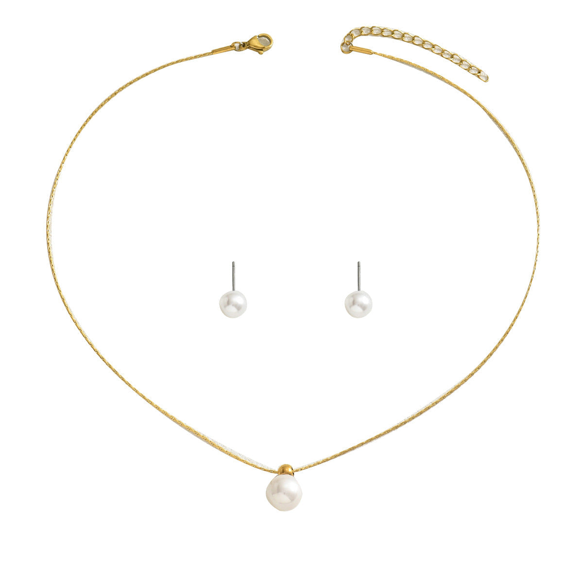 Minimalist Japanese Korean Style Geometric Pearl Jewelry Set, Niche Inlaid Craft Design Necklace & Sweet Versatile Earrings For Women