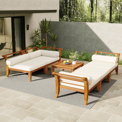 Outdoor Patio Set L-Shape Acacia Wood Teak Beige Cushions 6 Piece