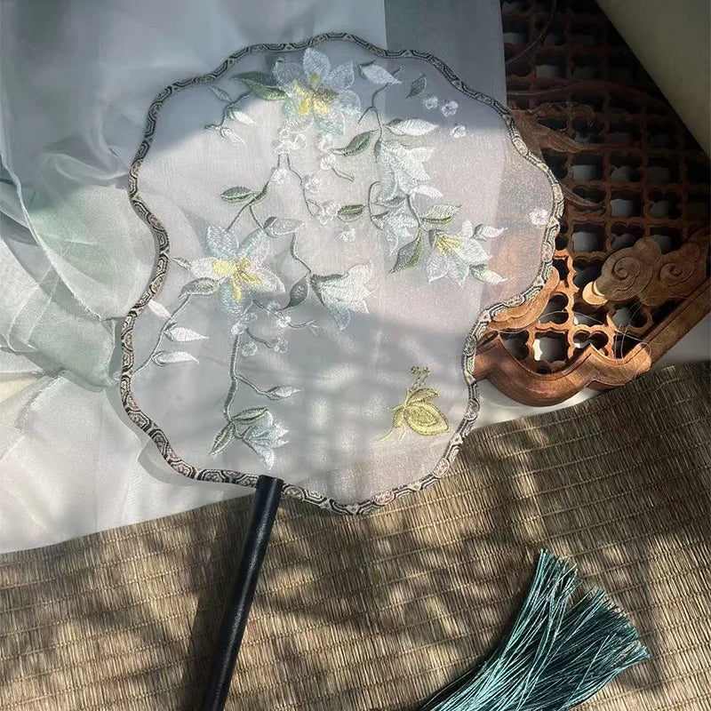 Ancient Style Fan Chinese Style Hanfu Dance Shooting Long Handled Embroidered Classical Double Sided Fan Female Decorative Fan