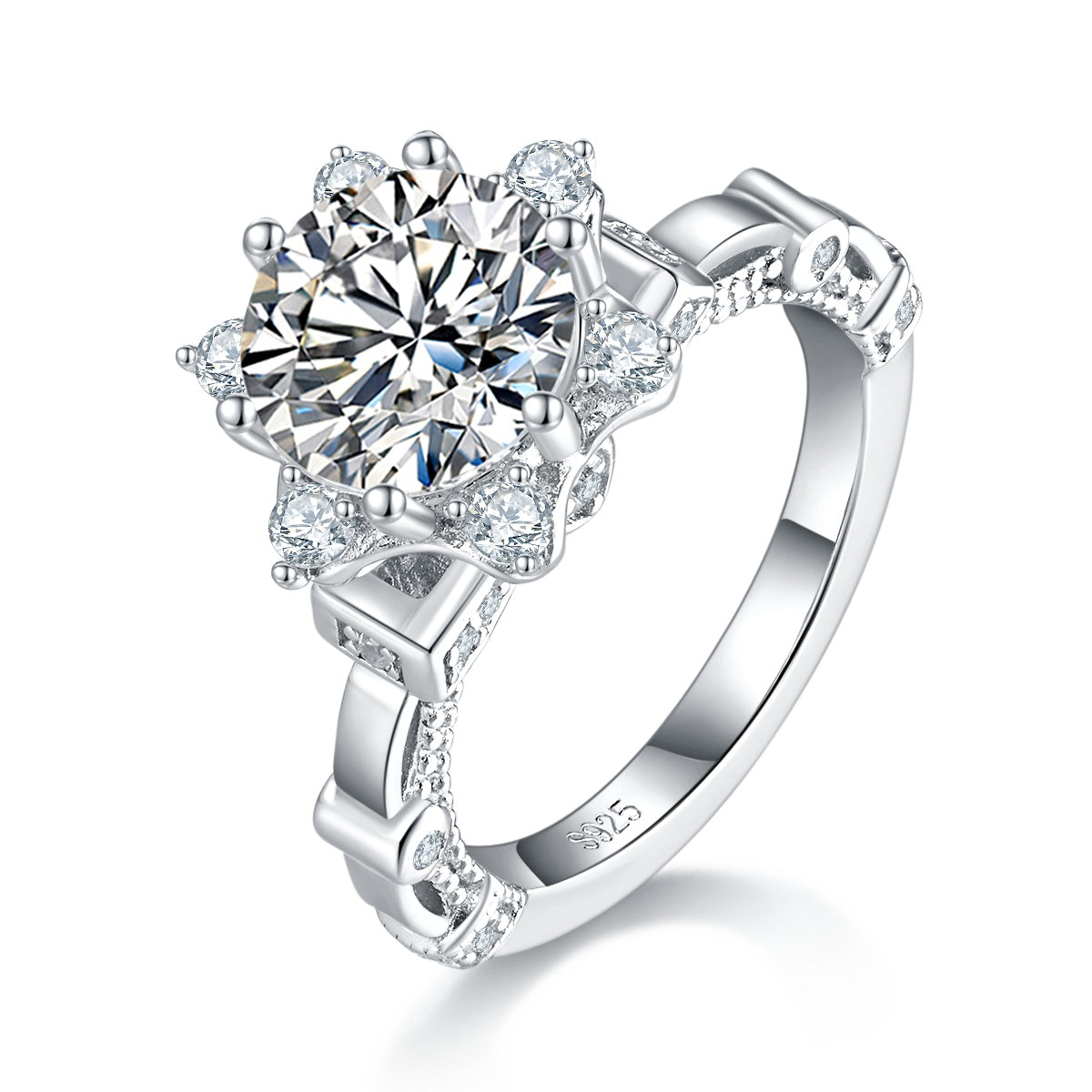 S925 Sterling Silver 2ct Moissanite Ring, 8mm D-VVS1 Star Halo Split Shank, Platinum Plated US Sizes 5-9, GRA Certificate Gift Box