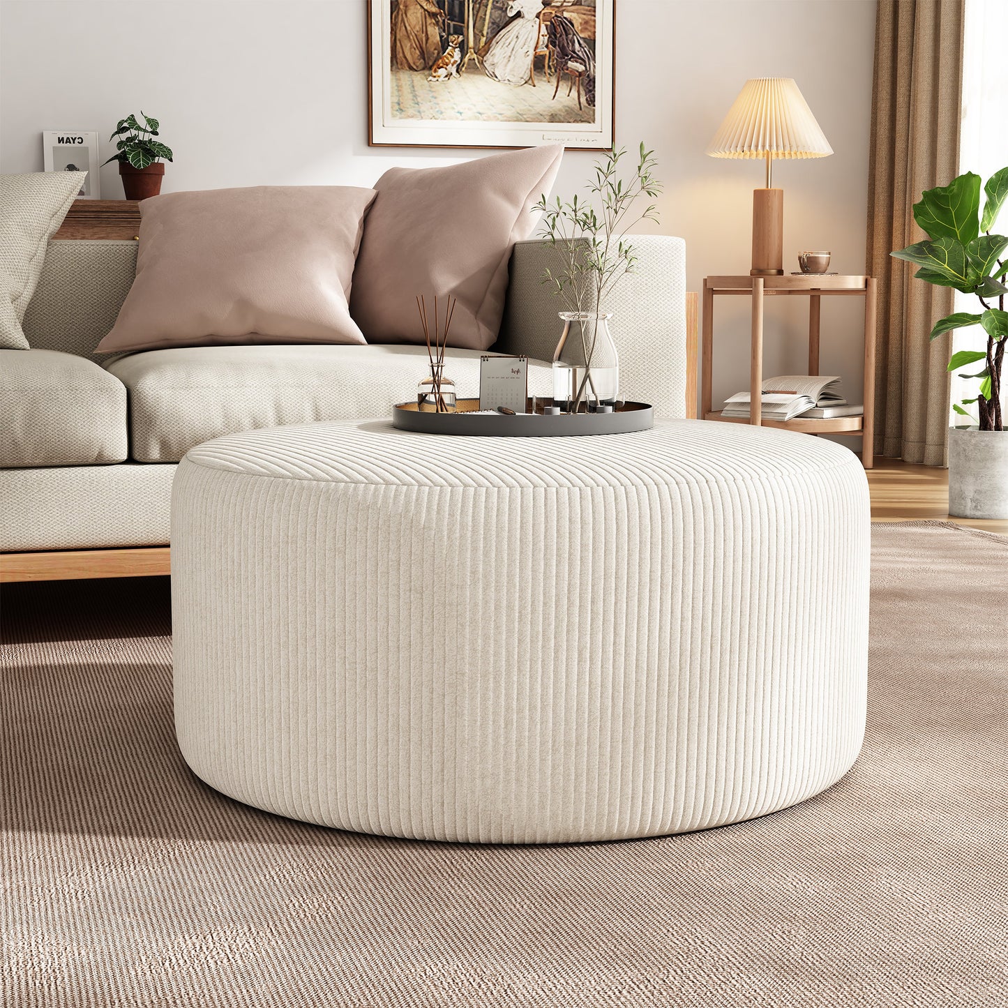 Upholstered Round Ottoman, Beige, Corduroy