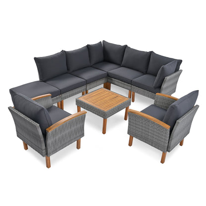 Outdoor Sectional Set PE Rattan Acacia Wood Gray 9 Piece 250 LB