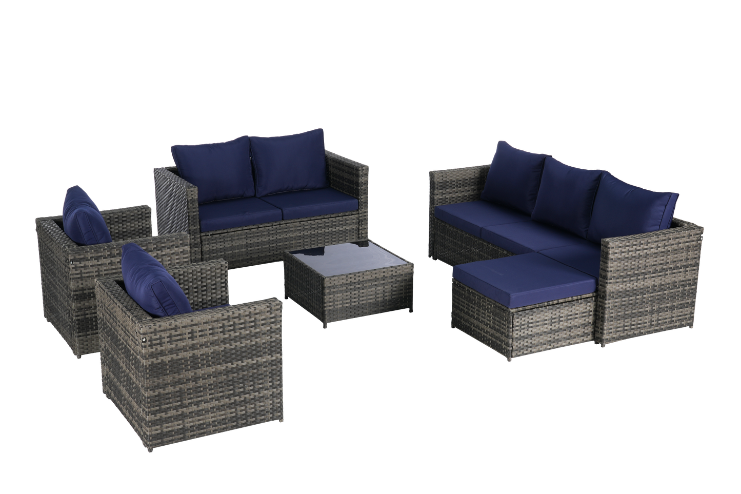 Outdoor Patio Set PE Rattan Steel Dark Blue Cushion 6 Piece Seats 8