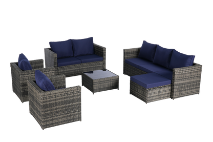 Outdoor Patio Set PE Rattan Steel Dark Blue Cushion 6 Piece Seats 8