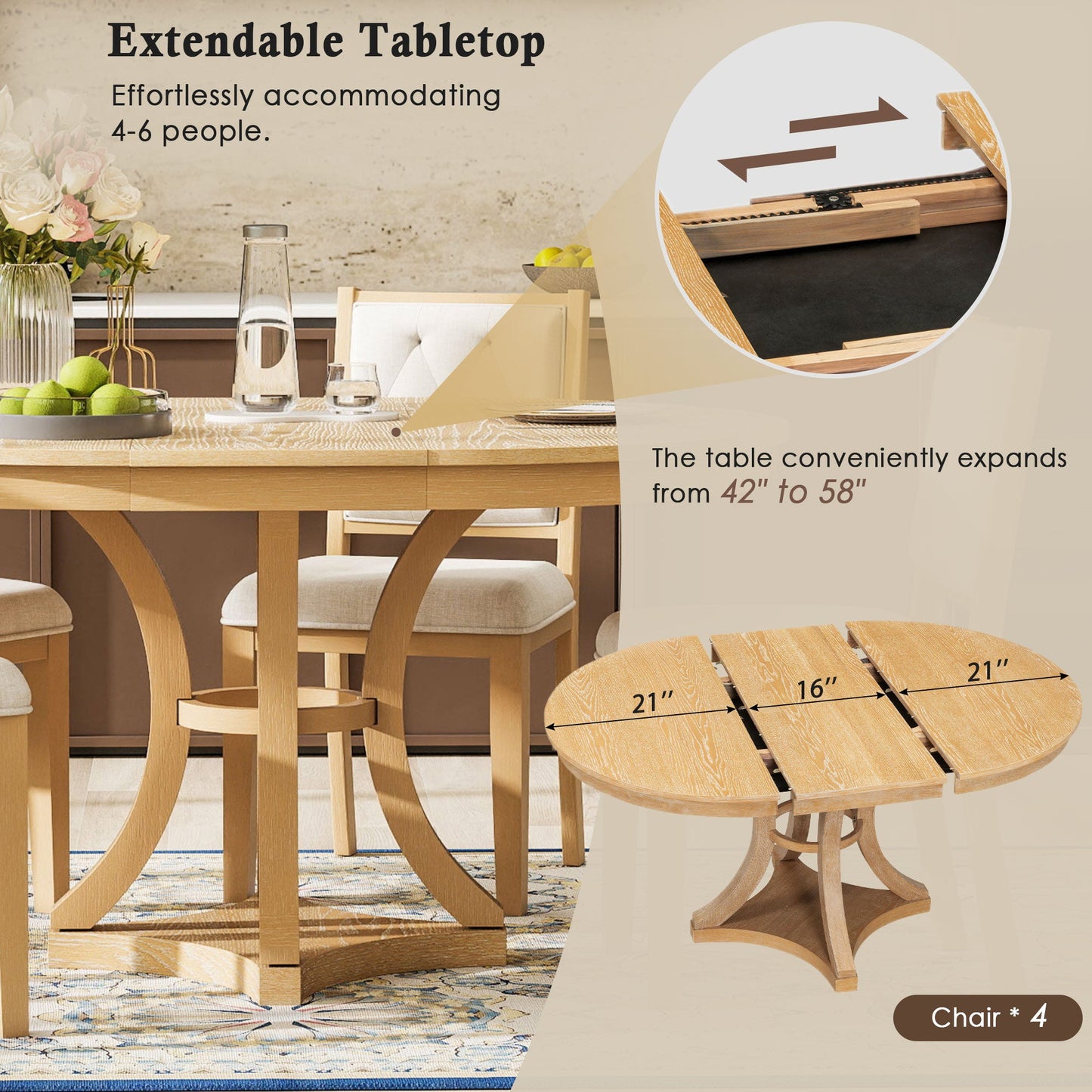 5-Piece Retro Functional Dining Table Set Extendable Round Table and 4