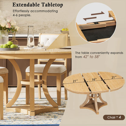 5-Piece Retro Functional Dining Table Set Extendable Round Table and 4