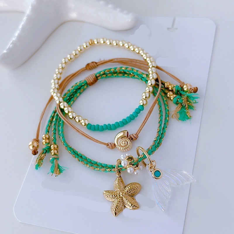 Shell Crystal Green Rice-bead Multi-layer Stacked Bracelet For Women
