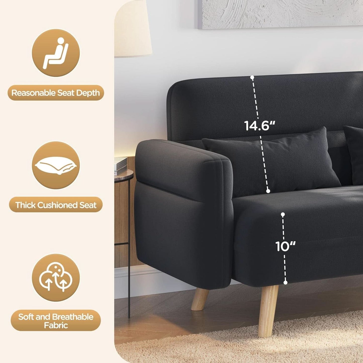 46-Inch Small Modern Fabric Loveseat Dark Gray Solid Wood Legs