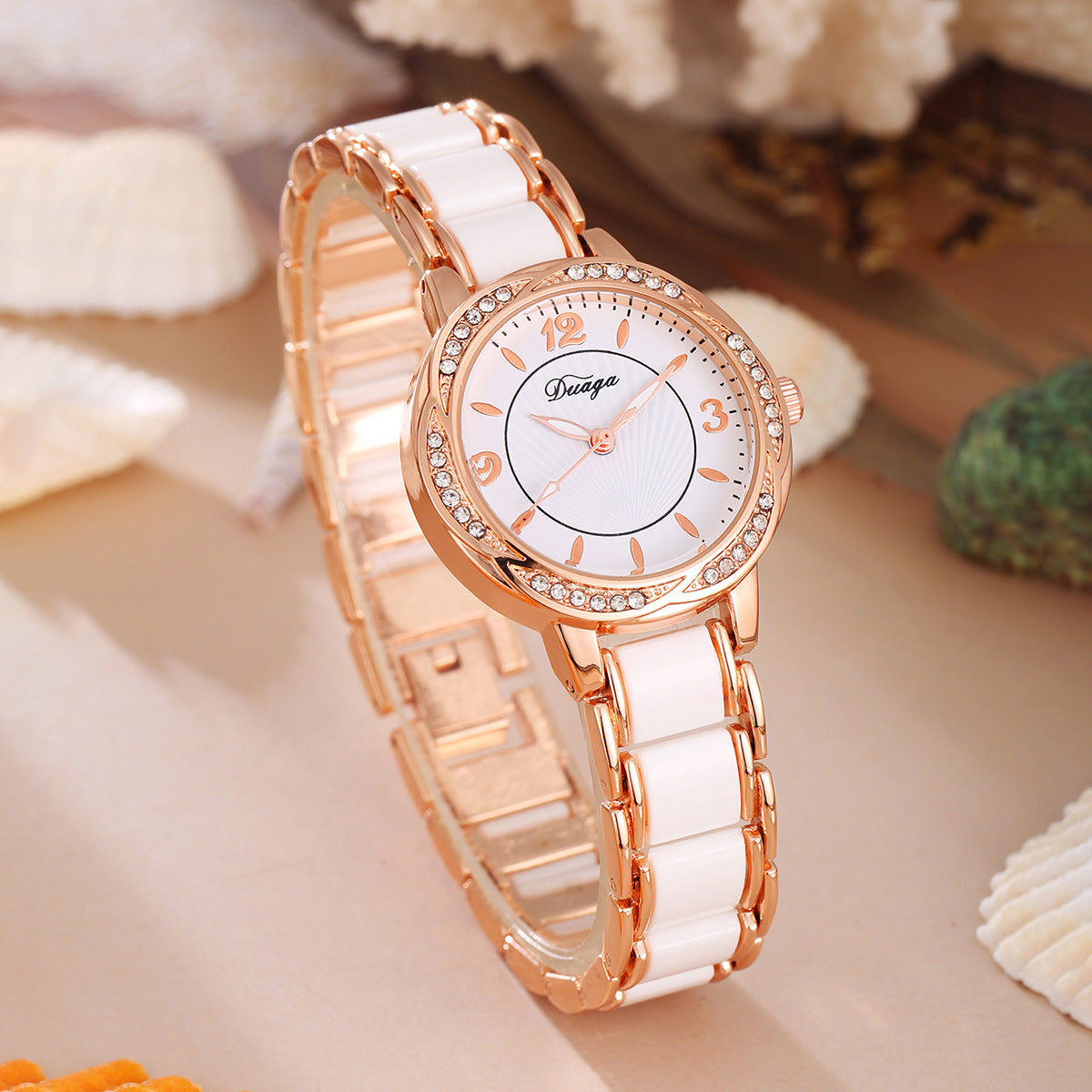 Elegant Lace-Trimmed Round Diamond-Encrusted Quartz Watch