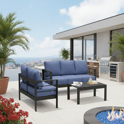 Outdoor Patio Set 3 Piece Aluminum Sofa Loveseat Black Blue