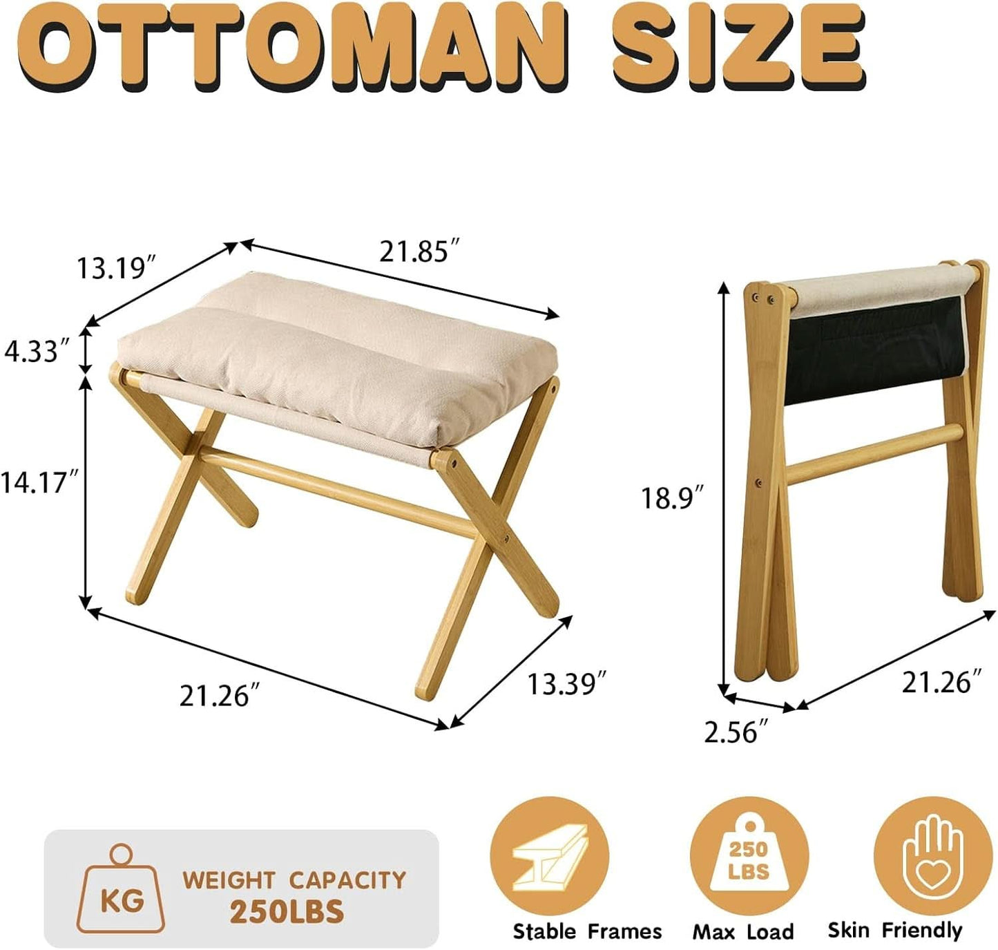 Bamboo Foldable Ottoman Foot Rest Beige Upholstered