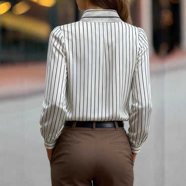 Black And White Striped Silky Satin Lapel Shirt
