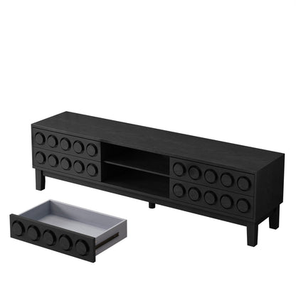 TV Stand Mid-Century Modern Solid Wood Gray Black 4-Drawer Fits 70 In TV