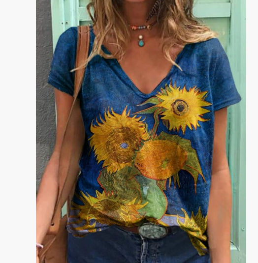 Womens Casual Loose-Fit Printed Pullover T-Shirt Top
