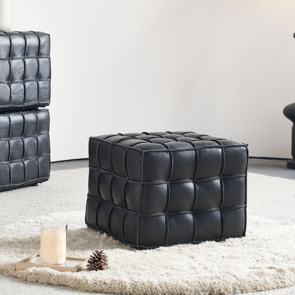 Black Genuine Leather Tufted Ottoman – 17" Square Footstool, Multi-Use, Solid Wood Base