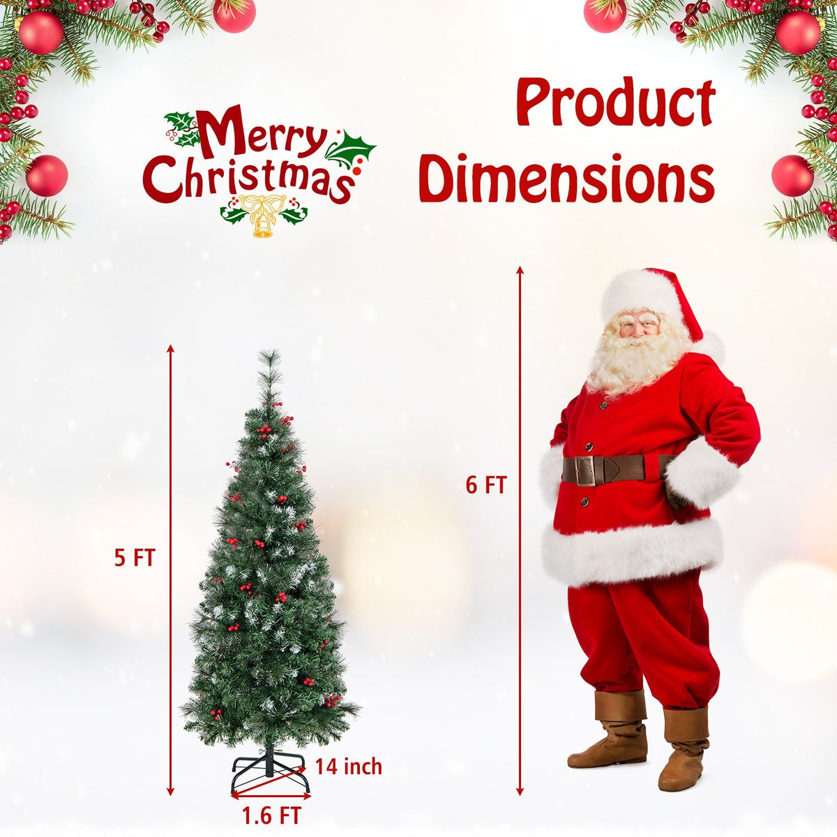 5/6/7/8/9 FT Pre-Lit Artificial Hinged Slim Pencil Christmas Tree