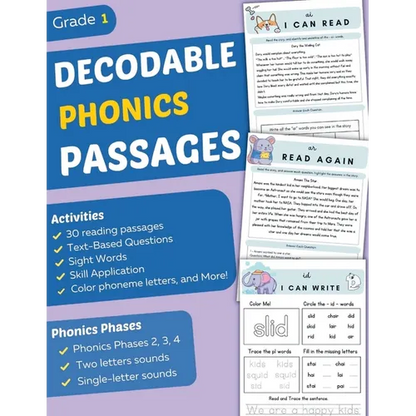 Decodable Phonics Passages Grade 1: Improve Reading and Comprehension Skills for Kids, Decodable Texts and Dyslexia Activities With Phonics and Sounds - Paperback