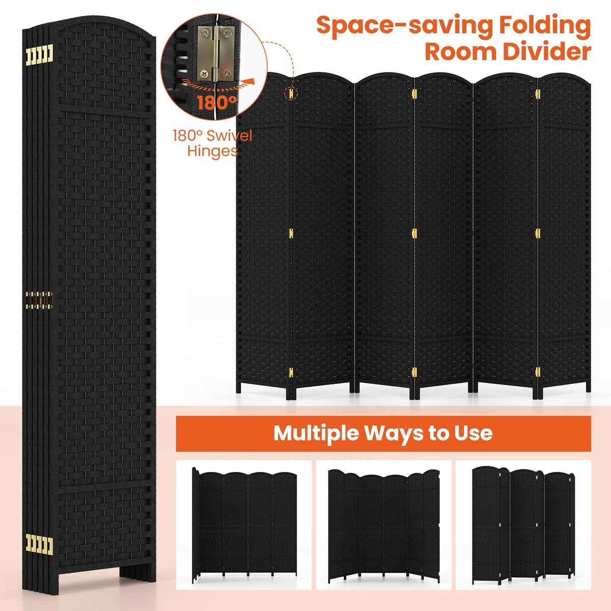 6-Panel Room Divider 5.6 FT Tall Folding Privacy Screen with Hand-woven Texture
