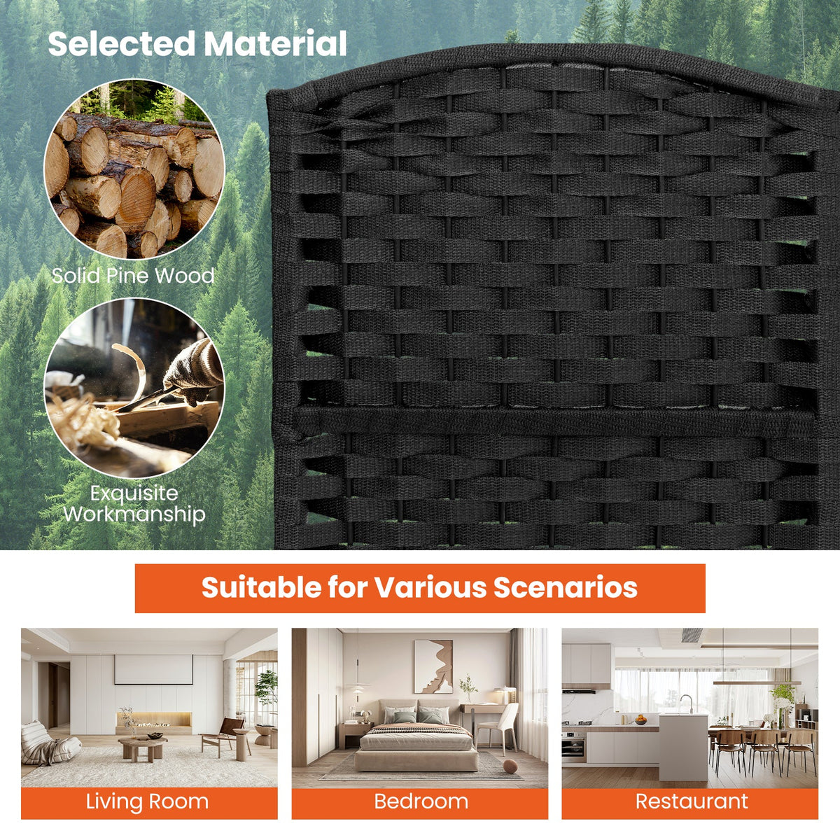 6-Panel Room Divider 5.6 FT Tall Folding Privacy Screen with Hand-woven Texture