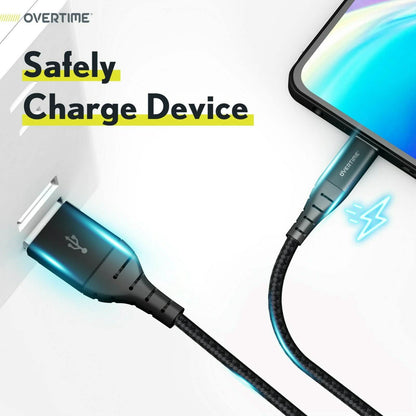 6 Ft. Overtime USB Type C Premium Braided Cable Fast Rapid Charging USB Cable Black