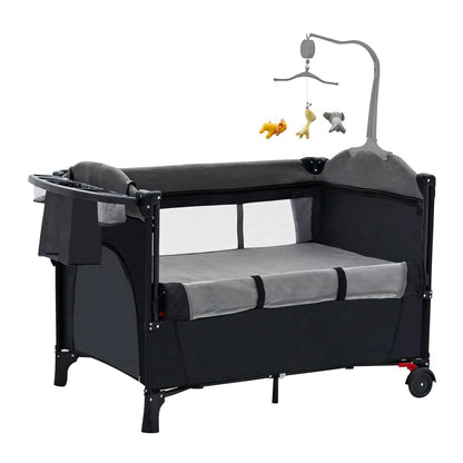 6-in-1 Foldable Baby Crib with Activity Center Diaper Changing Table