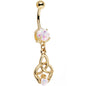 White Faux Opal Gold Anodized Trinity Claddagh Dangle Belly Ring
