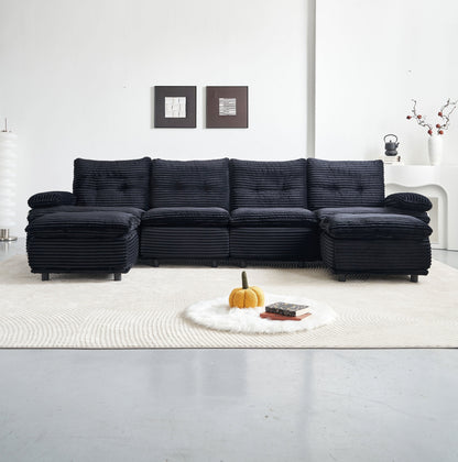 Sectional Sofa U-Shape Modular Corduroy Black 6-Seat with 2 Ottomans 140.94 In