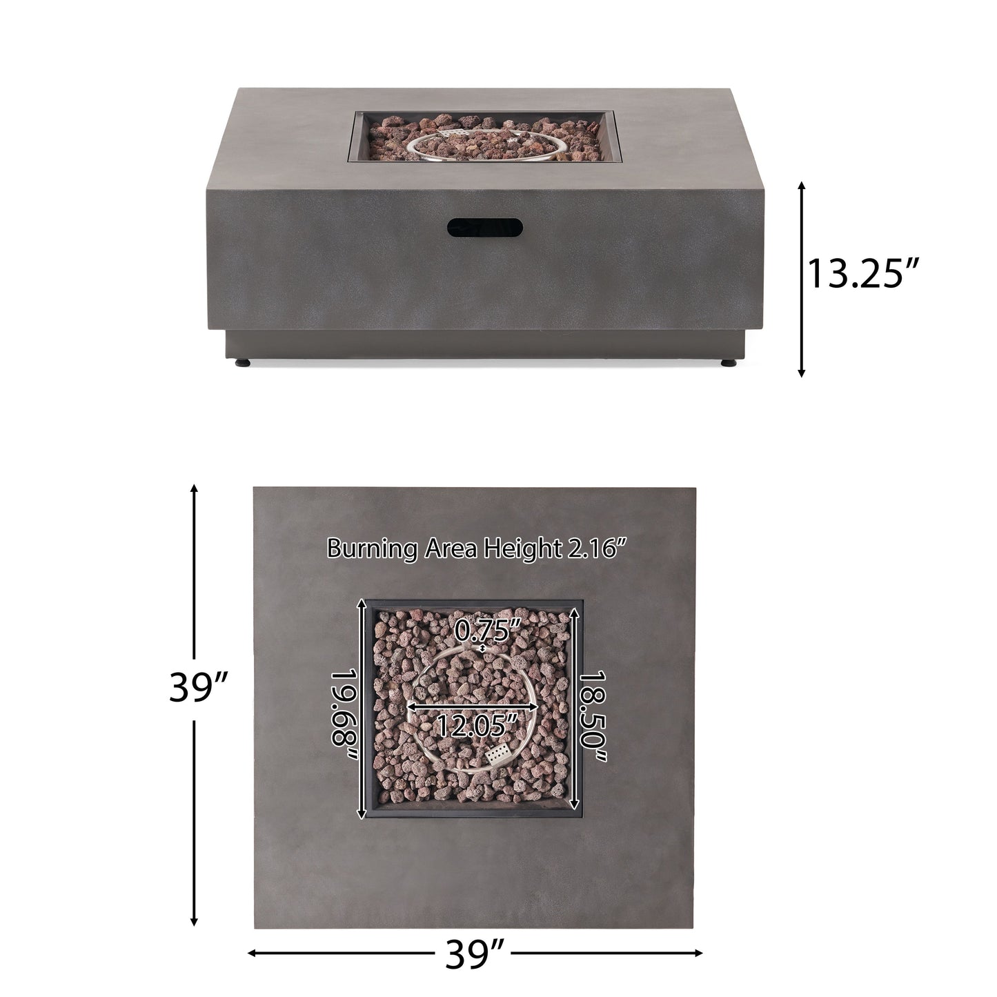 Modern SQUARE Iron Fire Pit 50,000 BTU Stone Gray Finish 39-Inch