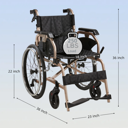 Wheelchair Manual Transport Folding Aluminum 18 In Seat 250 LB Gold Black
