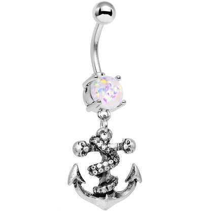 White Faux Opal Pirate Skull Nautical Anchor Dangle Belly Ring