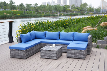 Outdoor Patio Sofa Set PE Rattan Blue Gray All Weather Steel Frame