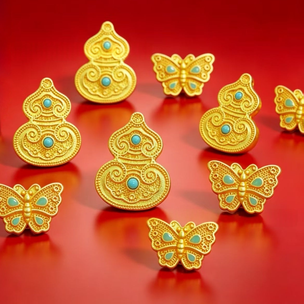 Alluvial Gold Filigree Inlaid With Turquoise Butterfly And Gourd-shaped Loose Beads