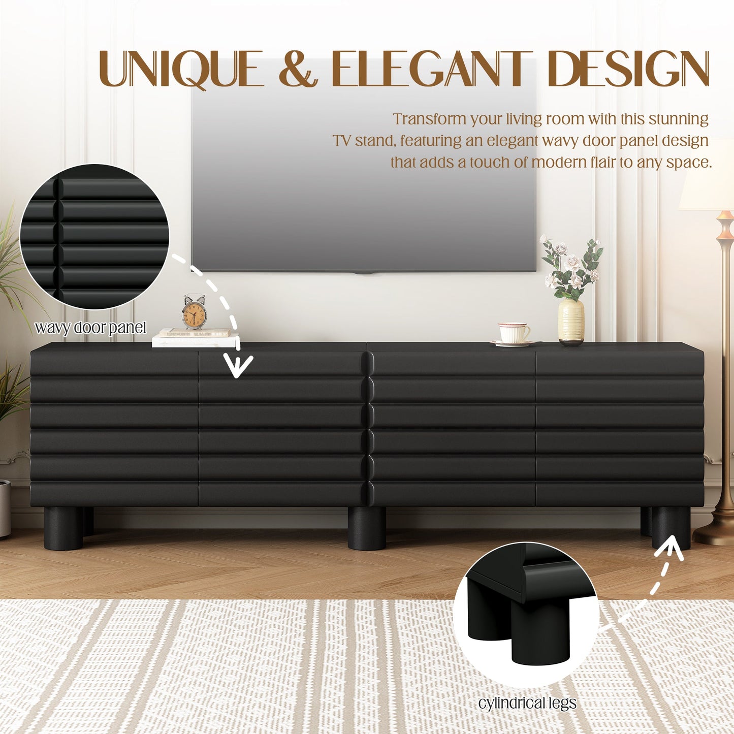 TV Stand Wavy Door Black MDF 4-Cabinet Cylindrical Legs Fits 70 In TV