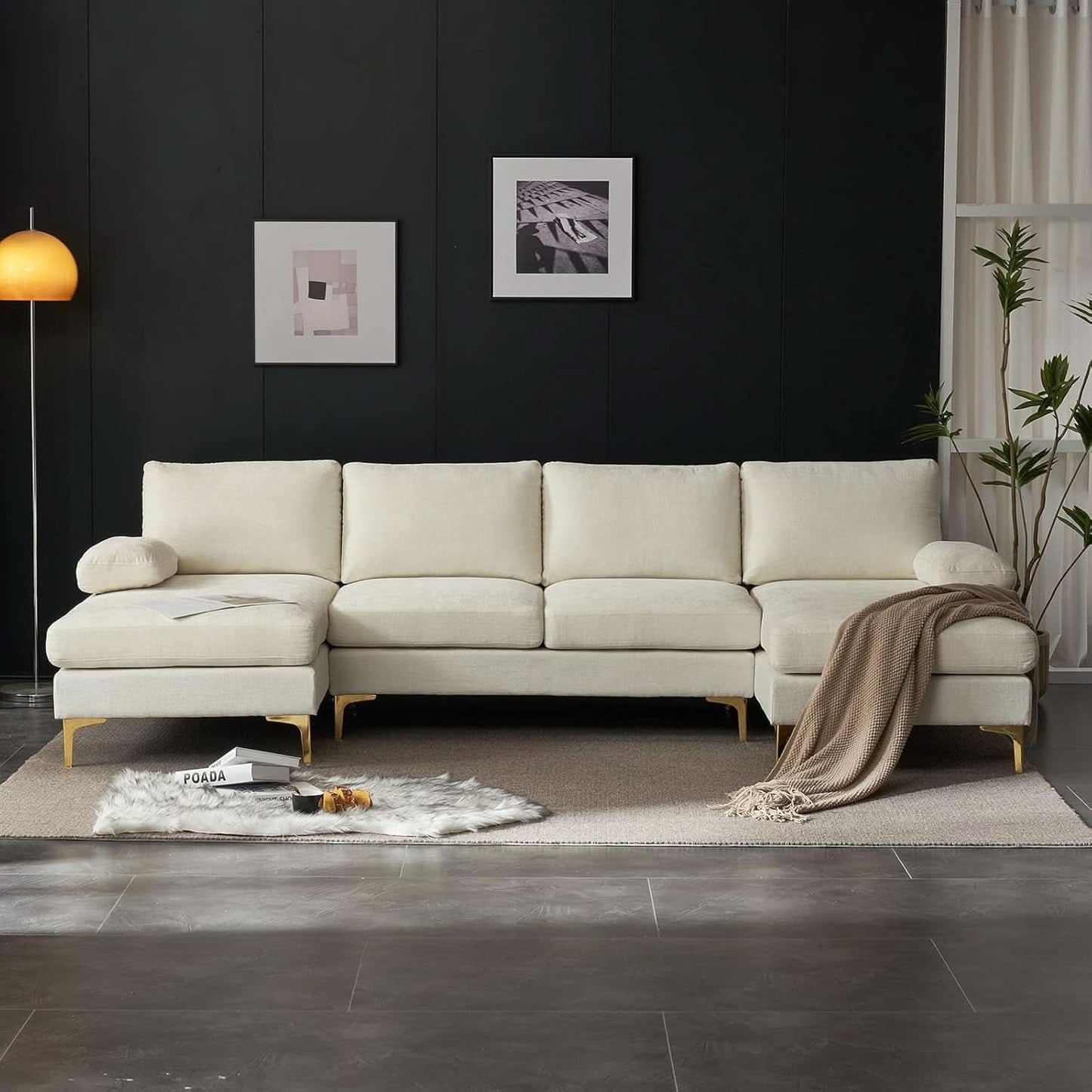 Convertible Sectional Sofa 110 Inch U Shape Creamy White