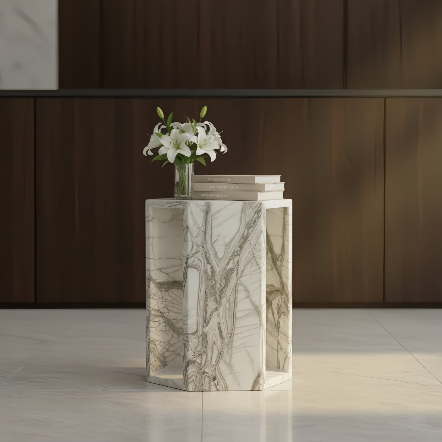 White Marble Hexagon Side Table, 15.7 in, Geometric Stone, Polished Pedestal
