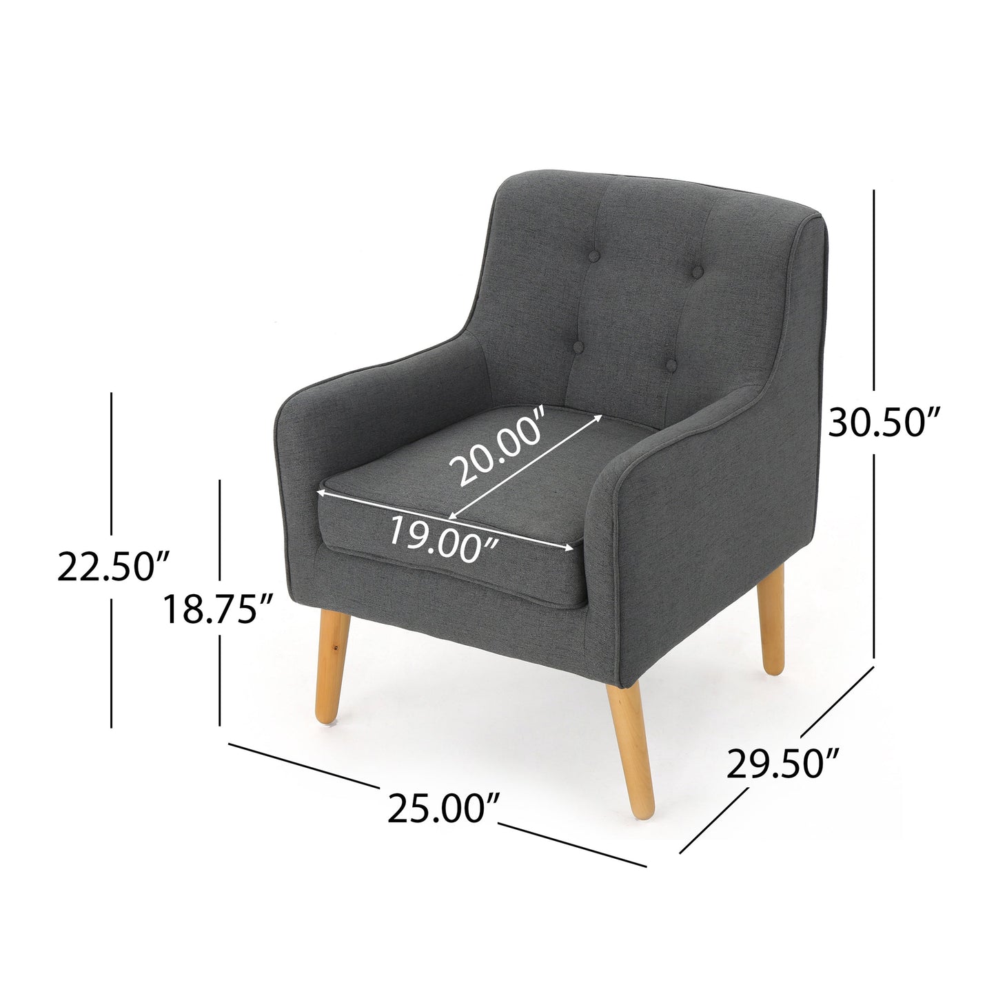Accent Chair Mid-Century Charcoal Fabric Tufted Back Wood Legs 25x30x31 In
