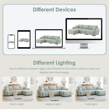 Sectional Sofa L-Shape Boucle Light Green 4 Seat Ottoman 110 In