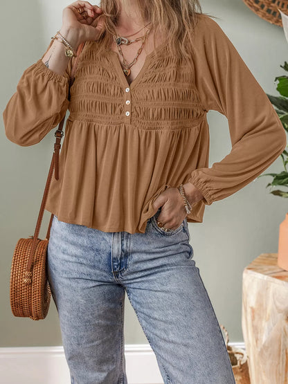Smocked Buttoned Split V Neck Flow Fit Blouse